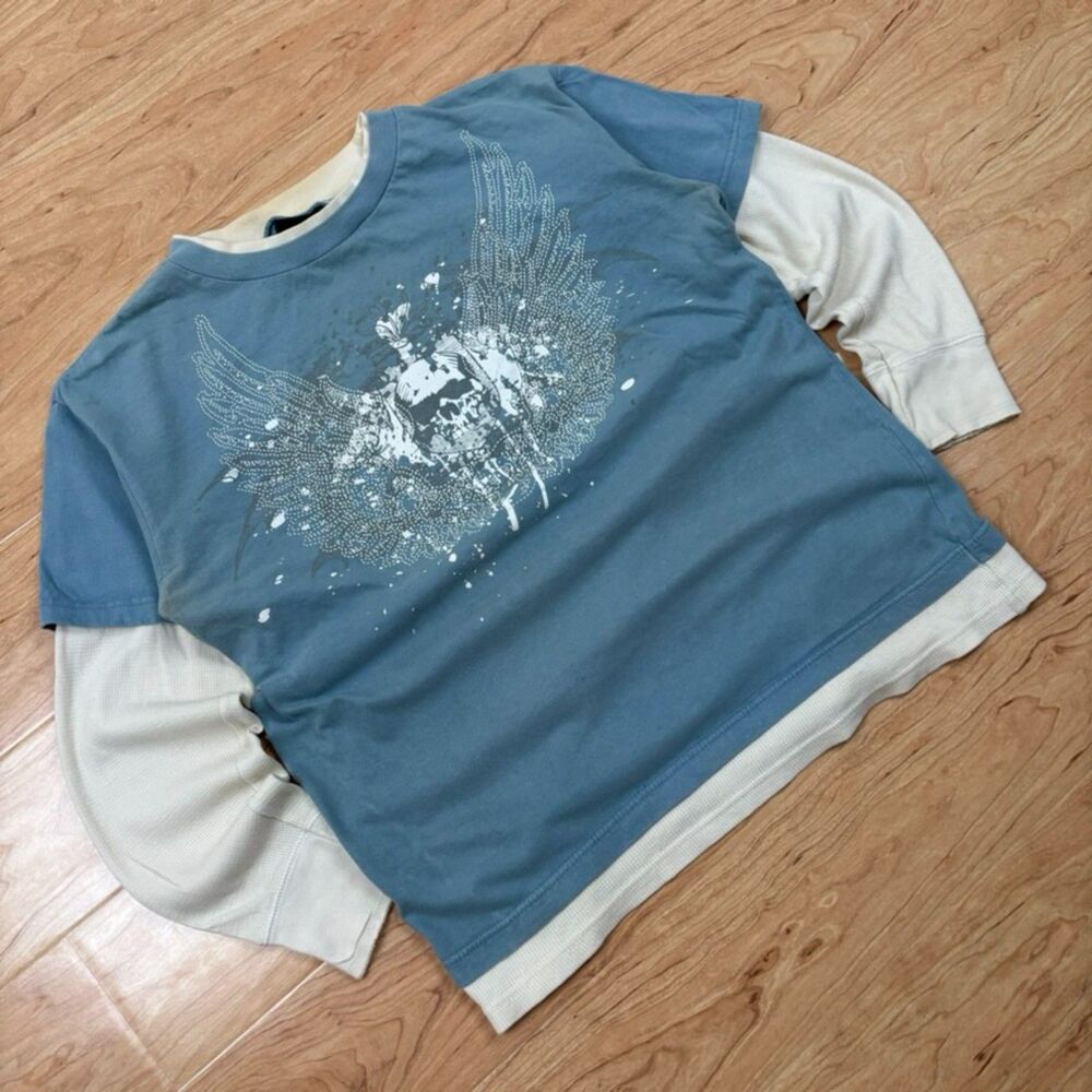 Top Heavy Y2K/Grunge Gray-Blue layered waffle knit Skull Wings Graphic Shirt
